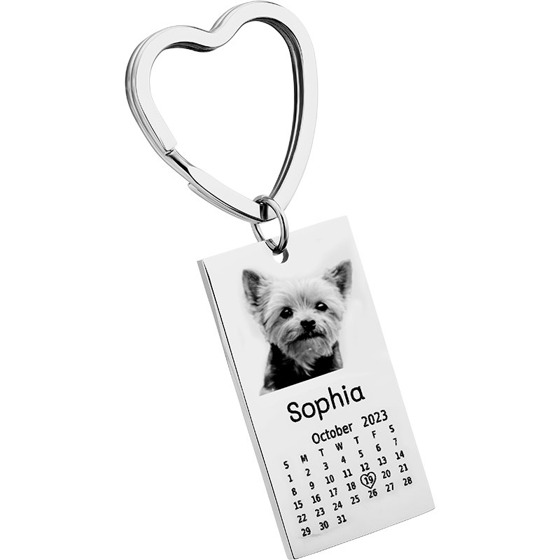 Portachiavi Inciso con Foto di Cane o Gatto, Testo e Calendario